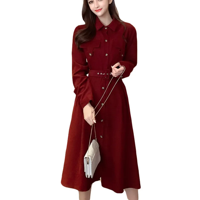 

kywommnz Spring Autumn 2021 Women Dress Streetwear Corduroy Vintage Tuck The Waist Over The Knee To Thicken Dresses E533