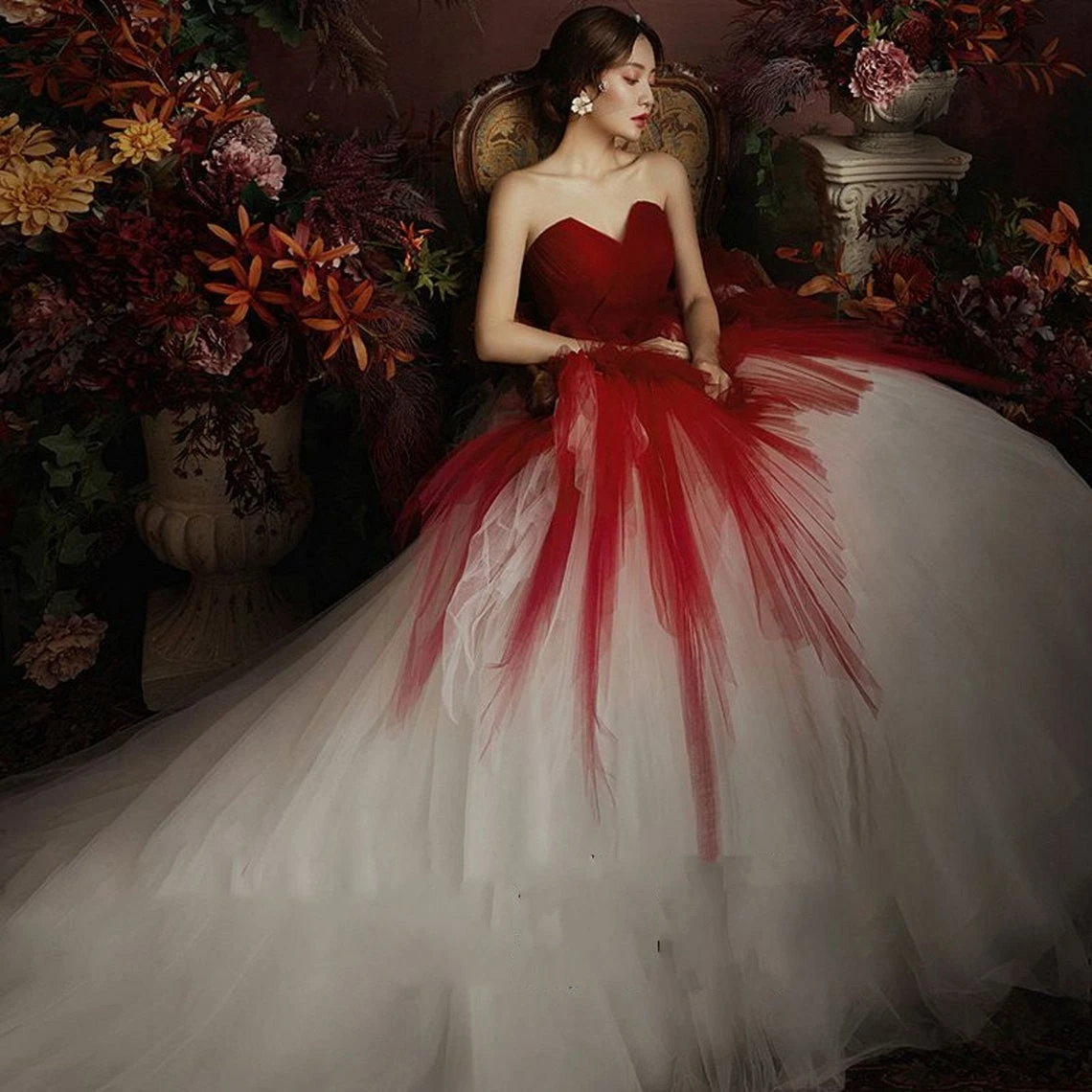 

Red Tulle Wedding Dress Sweetheart Prom Dress Vintage Party Dress Red Bridal Dress with Train Evening Dress Red Formal Dress