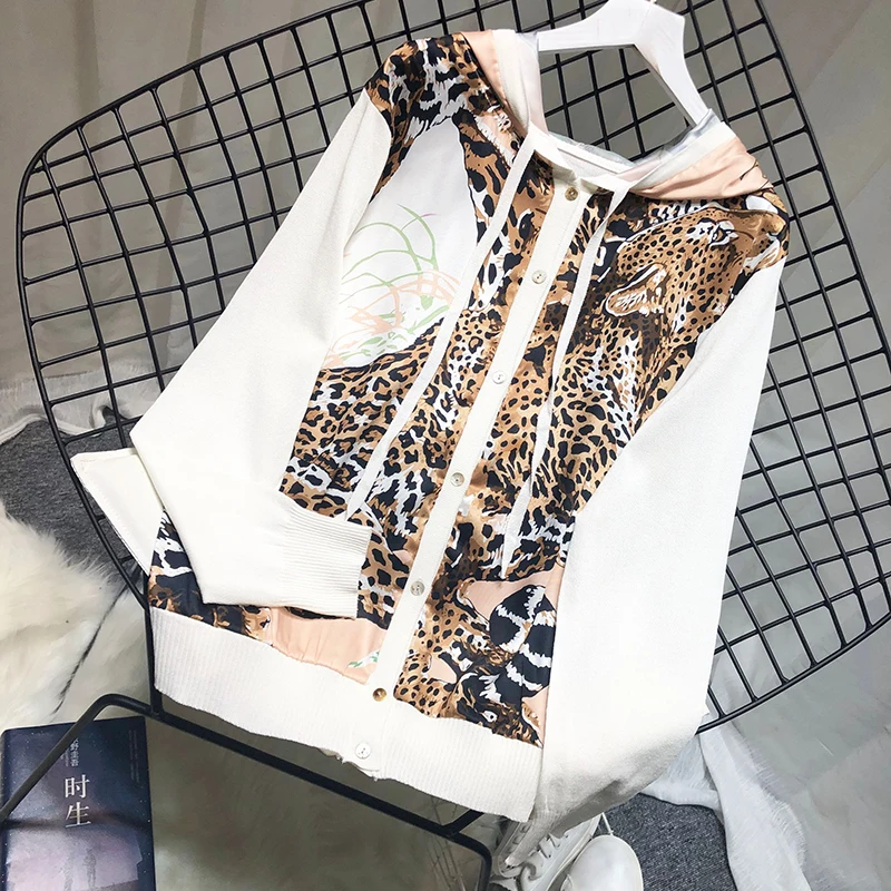 ALPHALMODA/Новинка осени года; модный свитер с капюшоном и принтом; рубашка с длинными рукавами и леопардовым принтом; атласные однобортные кардиганы