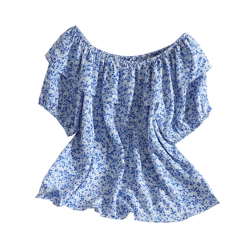 

Kimutomo Sweet Fresh Style Floral Blouse Thin Women Slash Neck Short Puff Sleeve Shirt Off Shoulder Ruffles Chic Tops Casual