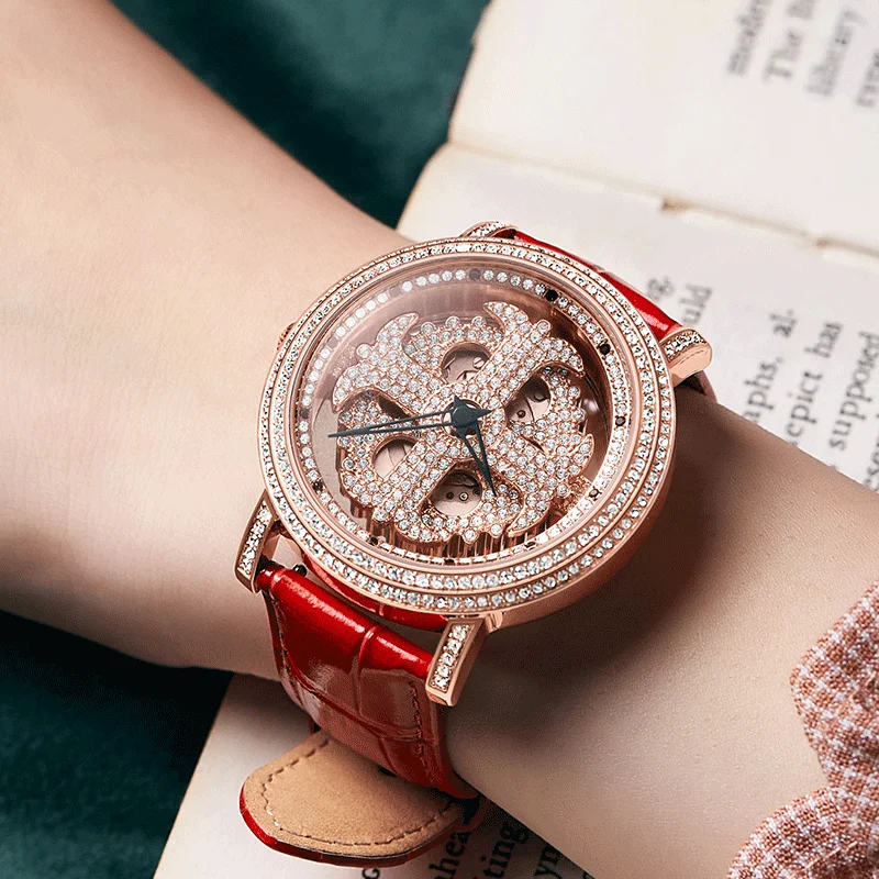

Davena Automatic Mechanical Watch Women Hollow Mechanical Watch Ladies Waterproof Clock Full Diamond Table Genuine Leather Strap