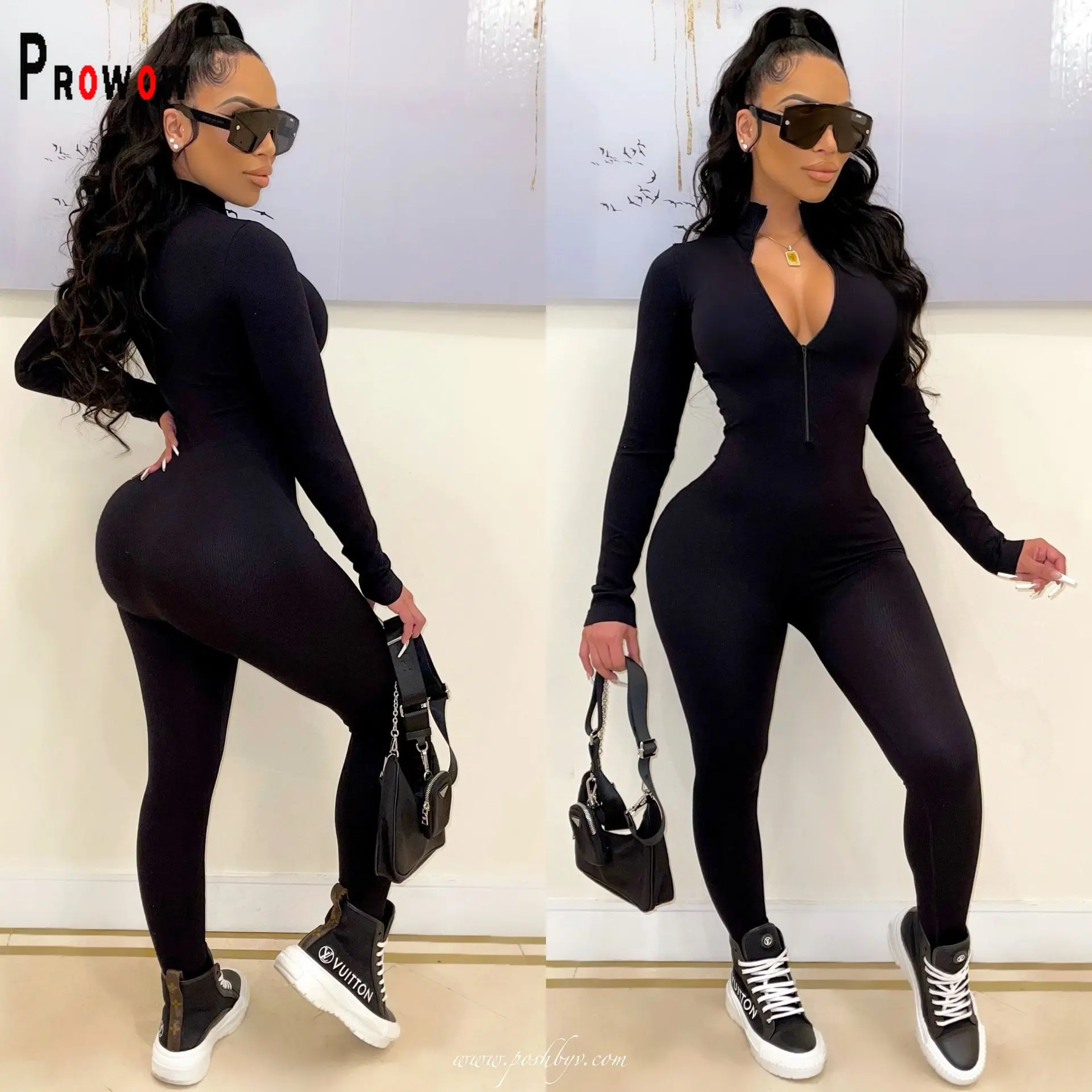 

Prowow Women Jumpsuits Zipper Bodycon One Piece Romper Ribbed Stacked High Elastic Skinny Clothing Fall Winter Female Outfit