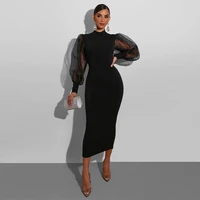 autumn bubble long sleeved women dress black transparent high neck sexy club party dress 2021 street fashion mid length dress