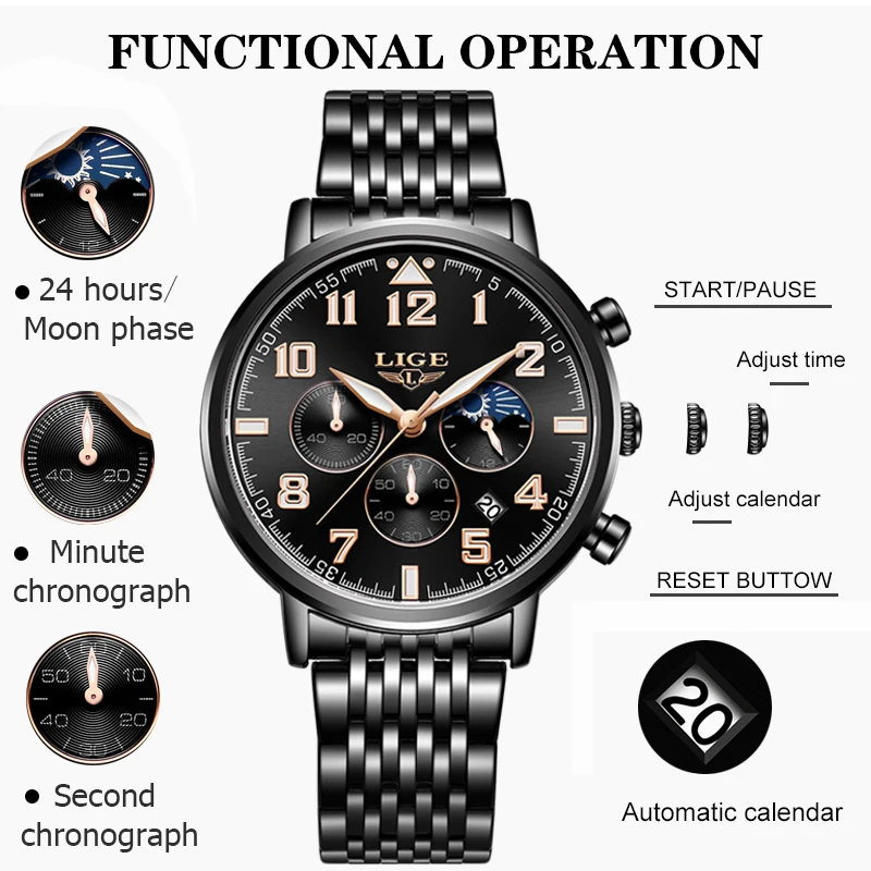 LIGE модные Нержавеющая сталь мужские часы Хронограф Спортивные Повседневное