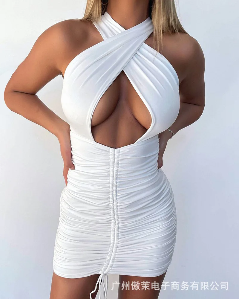 

2021 Summer New White Dress Women Sexy Fashion Slim Strappy Open Back Tight Skirt