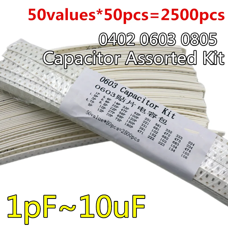 50 значений X50pcs = 2500pcs 0402 0603 0805 SMD керамический конденсатор Ассорти набор 1pF ~ 10 мкФ