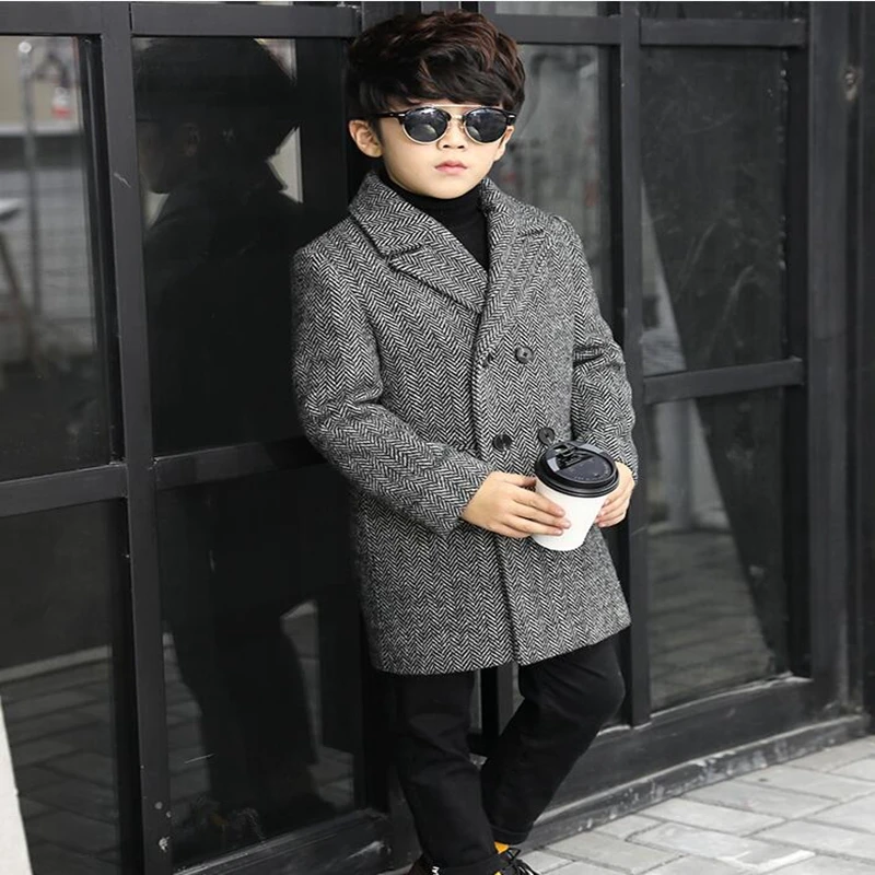 

Плотное осенне-зимнее шерстяное пальто в клетку детское длинное шерстяное двубортное пальто ветровка для мальчиков, детское зимнее пальто