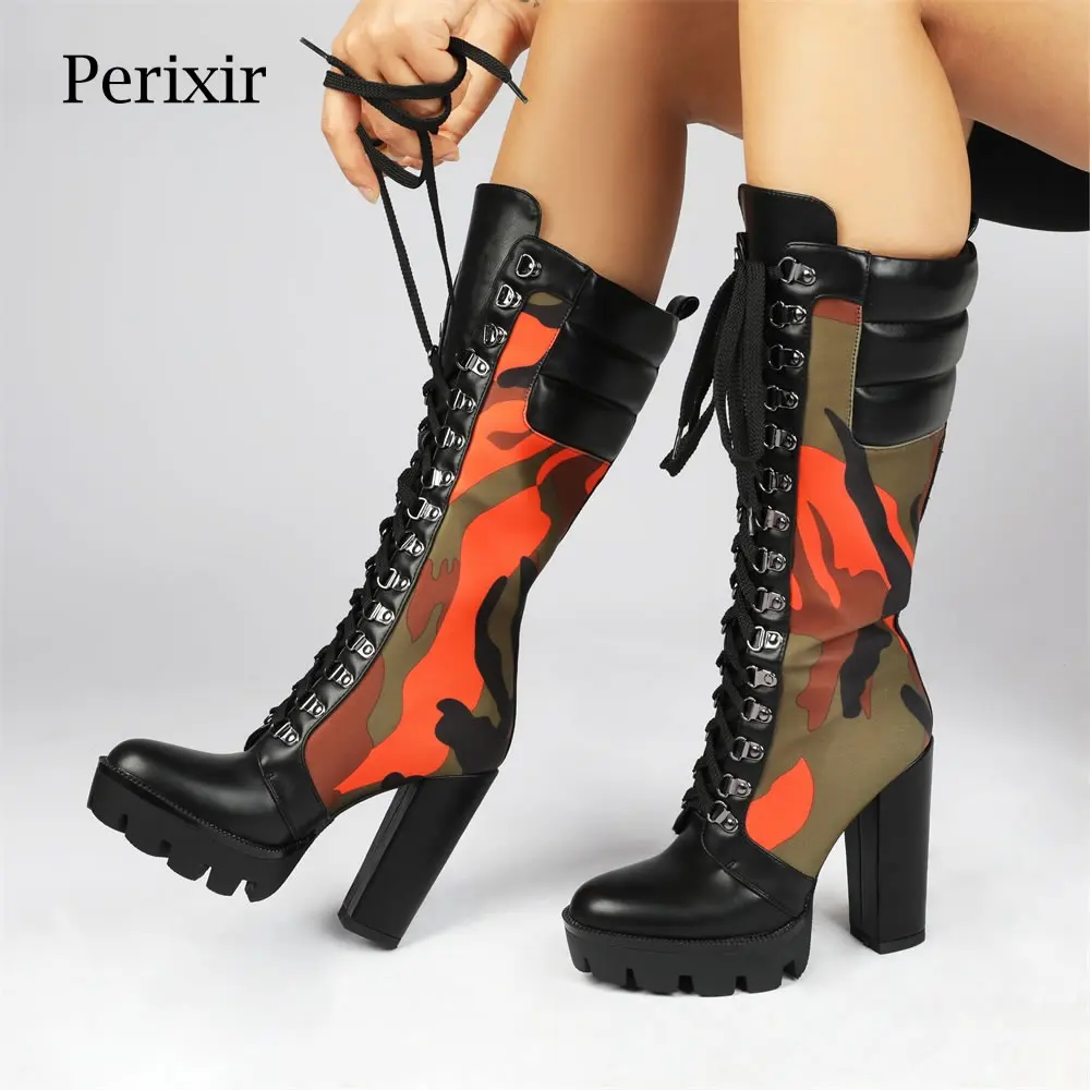 Perixir Boots Women Fashion Camouflage Print Long Boots Winter Thick Heel Platform Mid-Calf Boots Knee High female+shoes