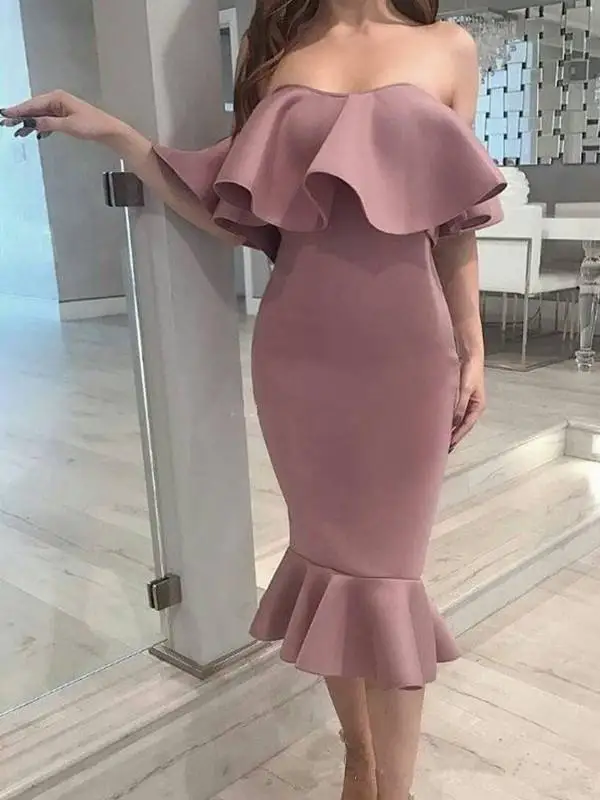 

Strapless Short Prom Dresses 2021 Mermaid Off Shoulder Summer Tea Length Simple Satin Cocktail Party Gowns For Girls