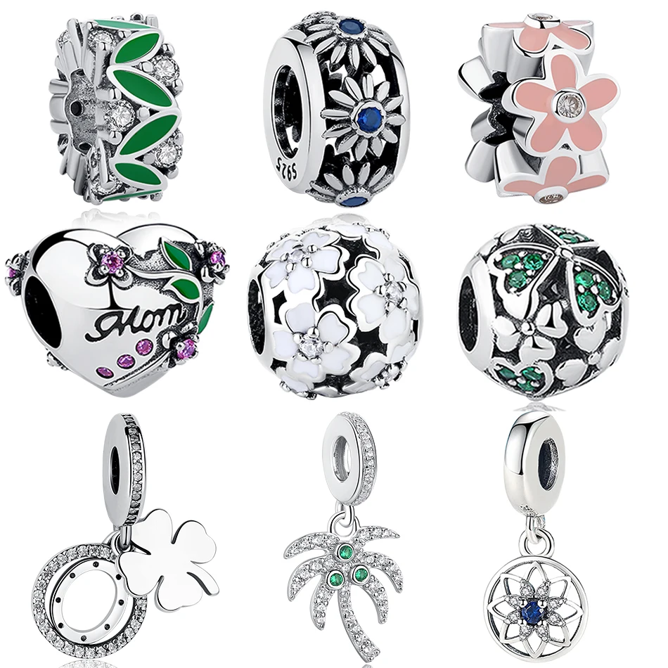 Аутентичные 925 стерлингового серебра браслеты с подвесками из бисера и принтом в