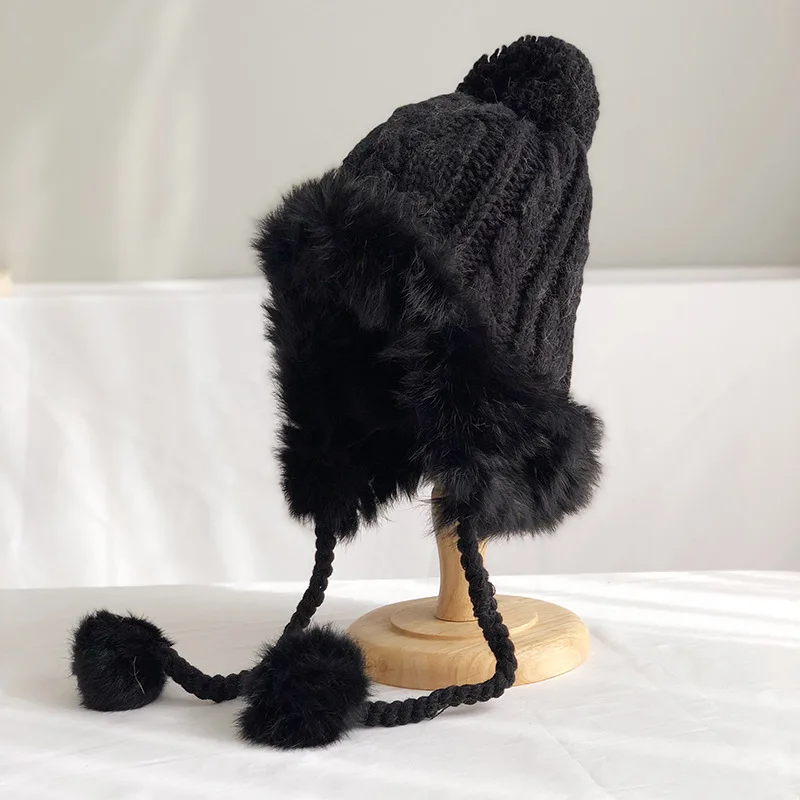 Меховая шапка для женщин зимняя из русского кроличьего меха женская с защитой