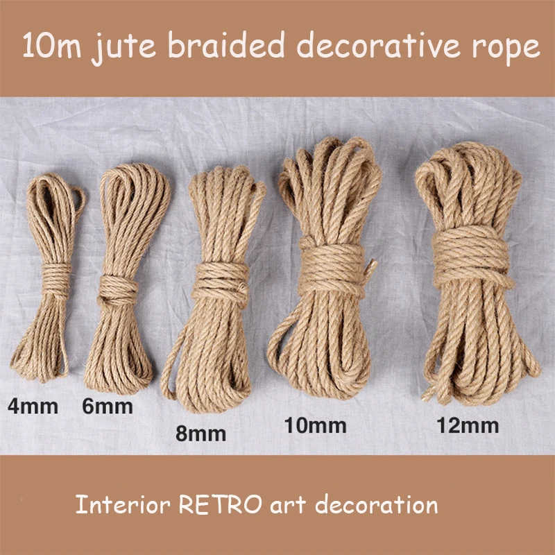 

10M Natural Jute Rope Twine Rope Hemp Twisted Cord Macrame String DIY Craft Handmade Decoration Pet Scratching 4mm-12mm