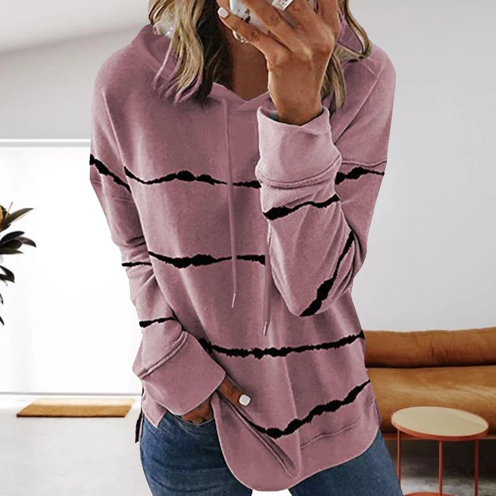Women Sweatshirts Casual Pullover Tops Casual Long Sleeve Pullover Stripe Print Women Oversized Hoodie Sweatshirt for Shopping