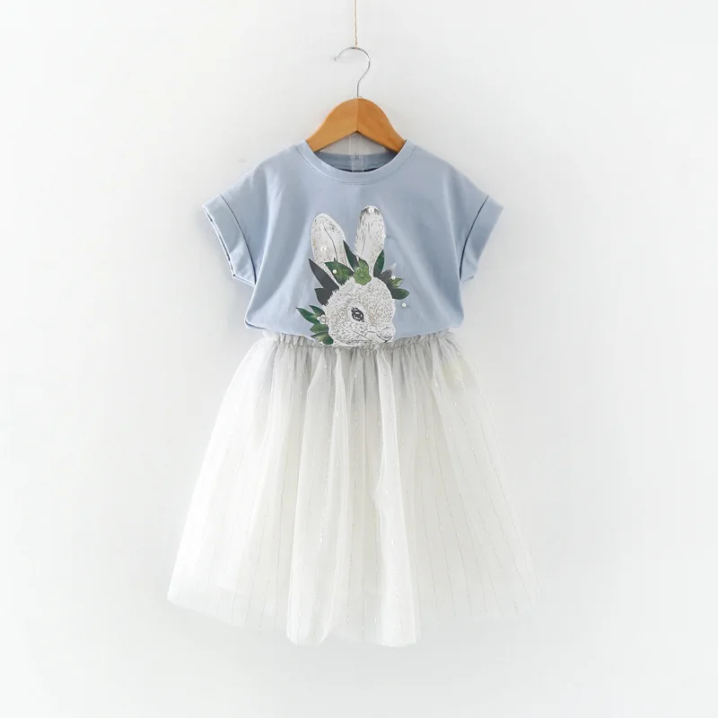 

Коллекция 2021 года, летняя футболка + юбка в сеточку комплект для девочек из 2 предметов с принтом животных из мультфильма, детская одежда Ком...