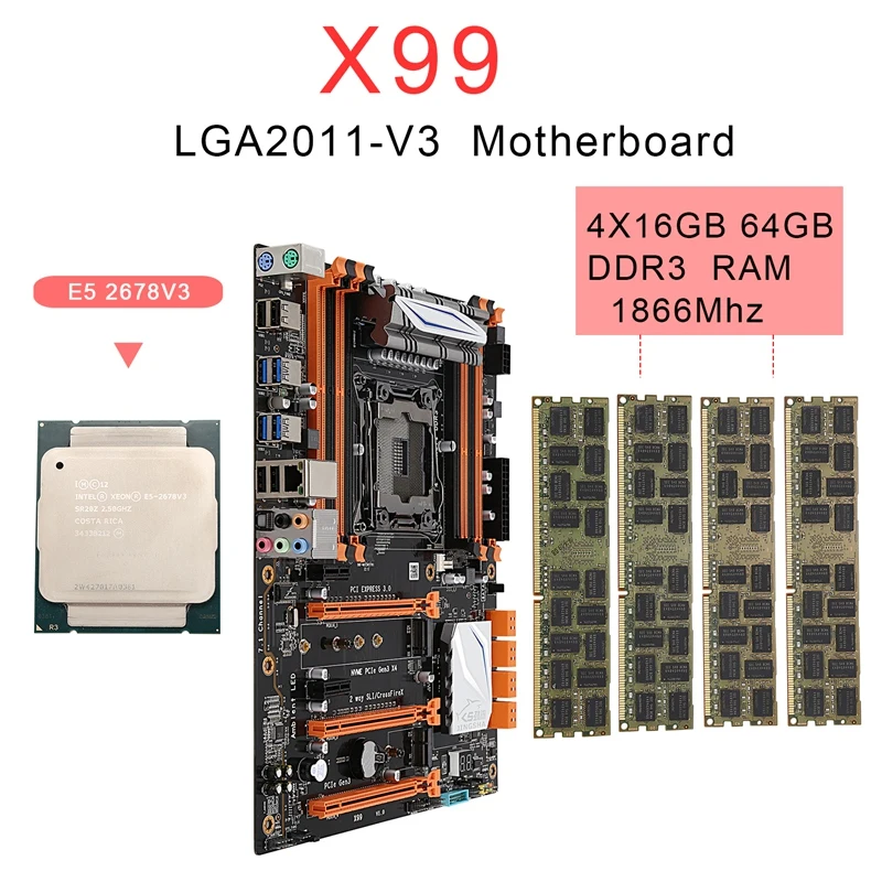 X99 LGA2011-V3 материнская плата комбо набор с E5 2678V3 CPU 4X16GB 64GB DDR3 RAM 4-Ch 1866Mhz REG ECC NGFF M.2 SSD