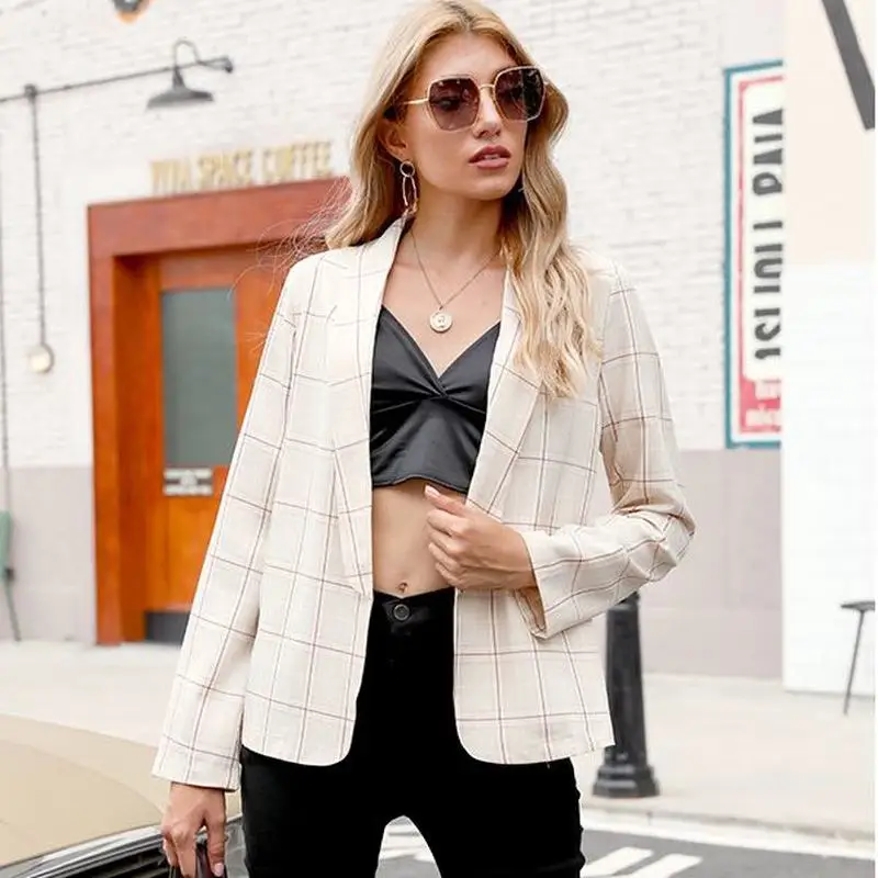 

Kalenmos Plaid Print Suit Blazer Lapel Buttonless Street Fashion OL Cardigan Retro All-match Long-sleeved Casual Women Blazers