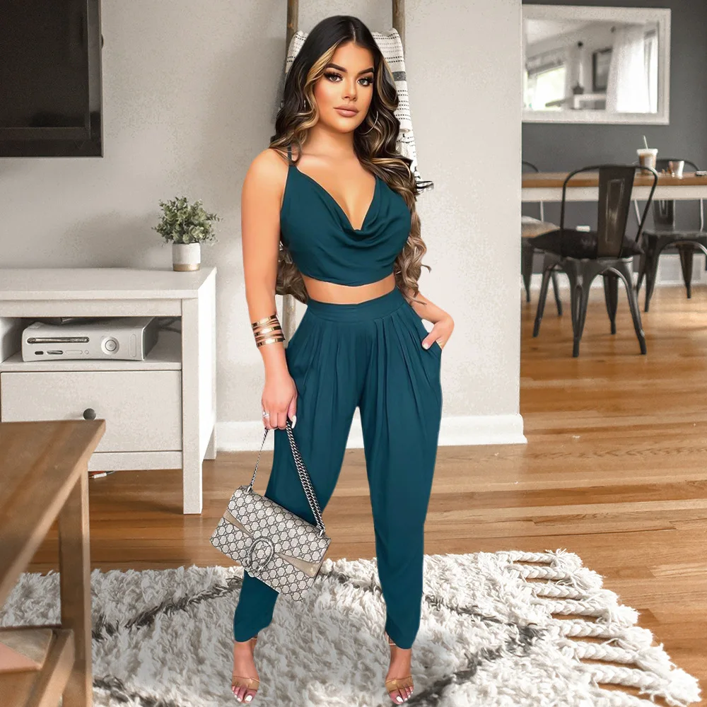 

Sexy Two Piece Set Solid Back Criss-Cross Lace Up Irregular Crop Top And High Waist Harem Pants With Pockets Night Club Outfits