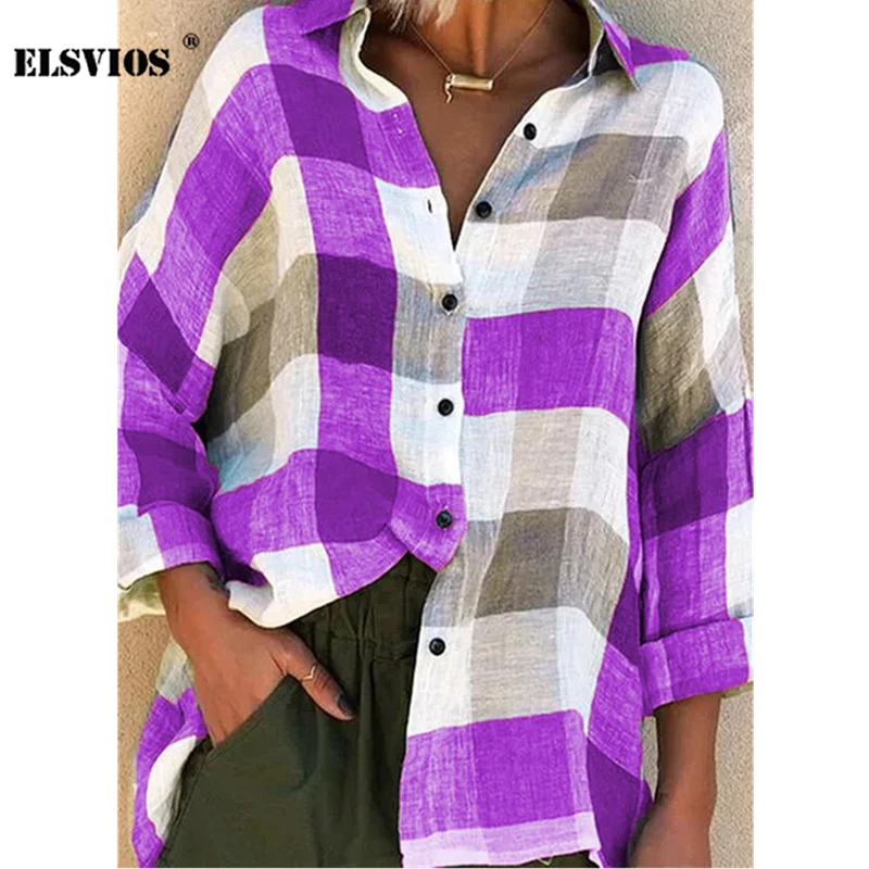 

Autumn Winter Women Turn-down Collar Plaid Print Blouses Loose Casual Cardigan Long Sleeves Shirts Elegant Office Lady Blouses