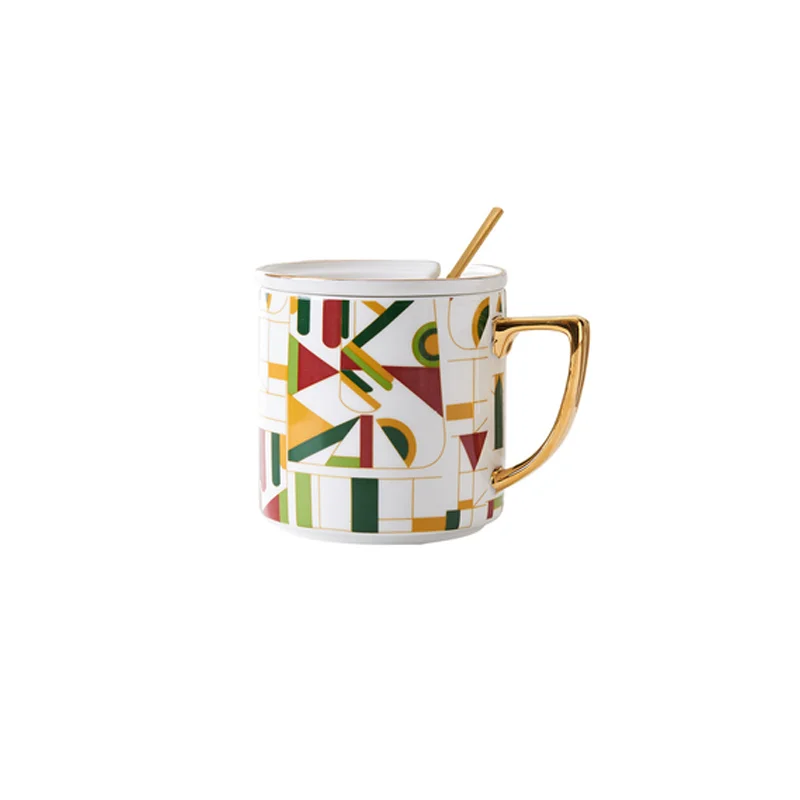 

Creative Geometric Pattern Ceramic Coffee Mug With Lid Spoon And Handle Coffee Cup Coffee Cup Nordic Light Luxury Household Mug