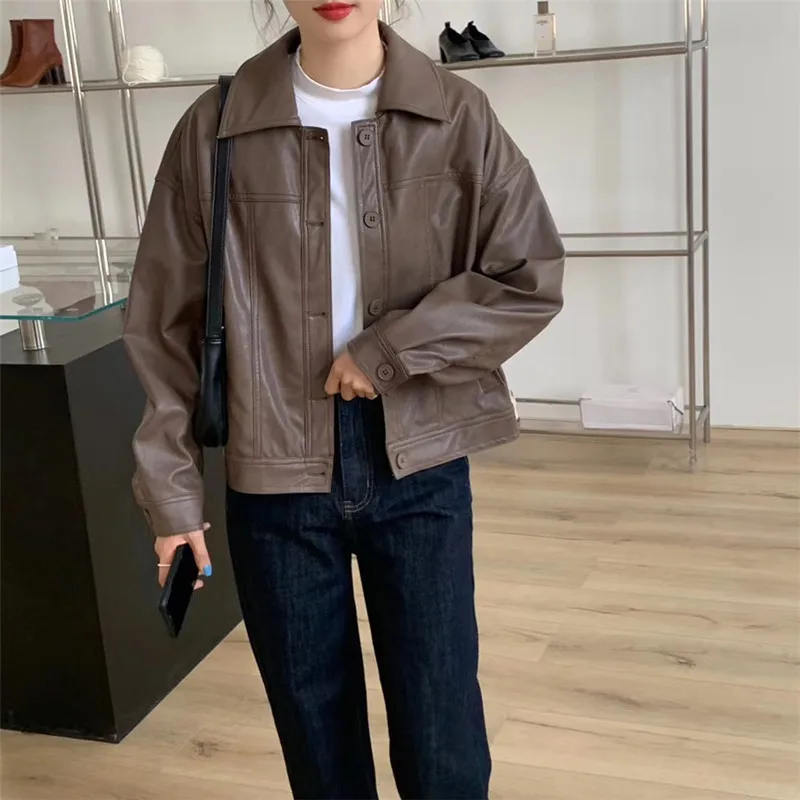 

Korean Pu Leather Solid Color Jacket Women 2021 New Fashion Loose Chic Fashion Motorcycle Short Faux Leather Jacket