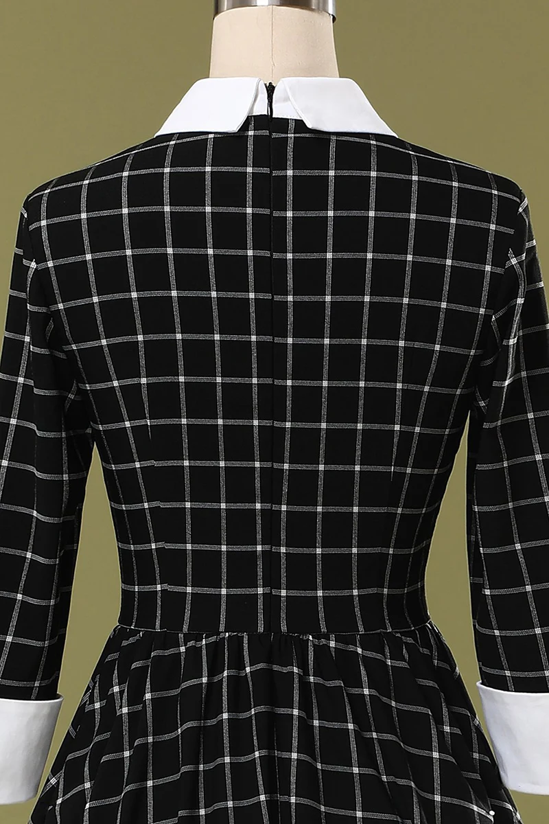 

Elegant Ladies vestido Spring Autumn Women Fashion Long sleeve Black White Plaid Printed Vintage retro 50s A Line party dress