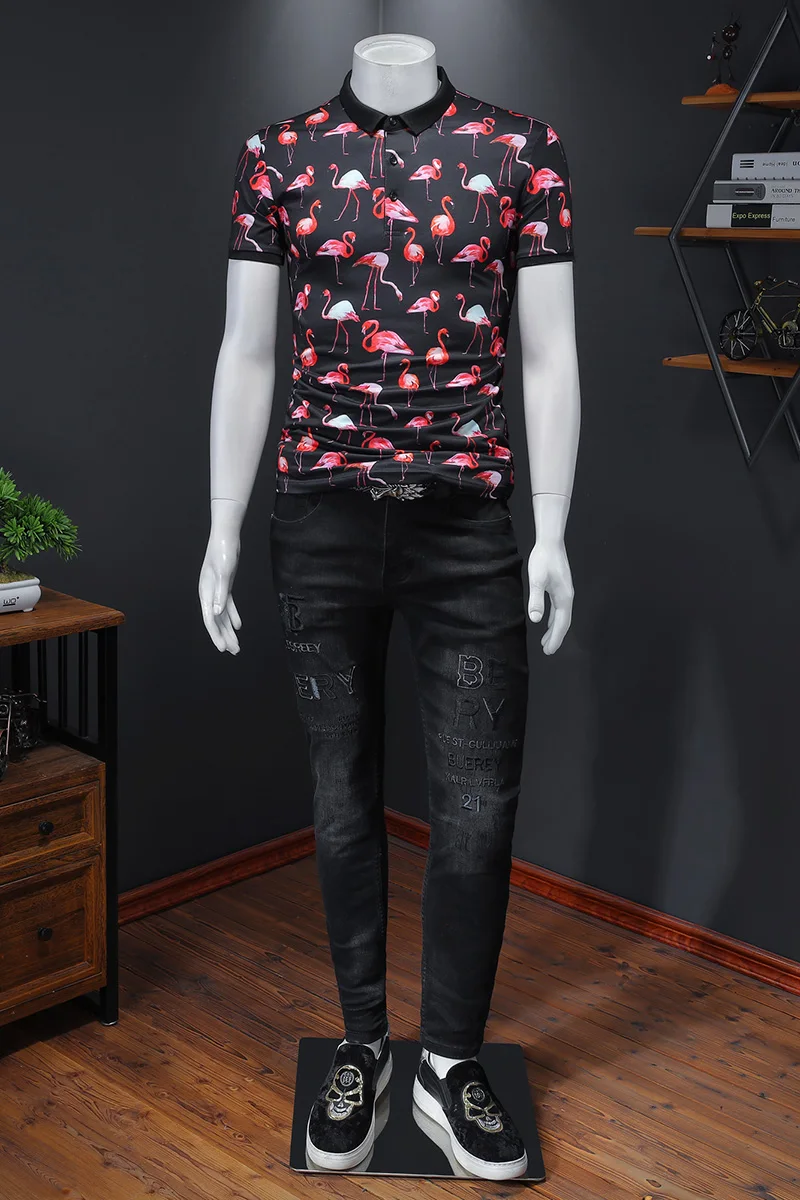 

2021 Summer Flamingo Print Short Sleeve Polo Shirts Men High Quality Casual Business Lapel Polo Homme Breathable Tops M-5XL