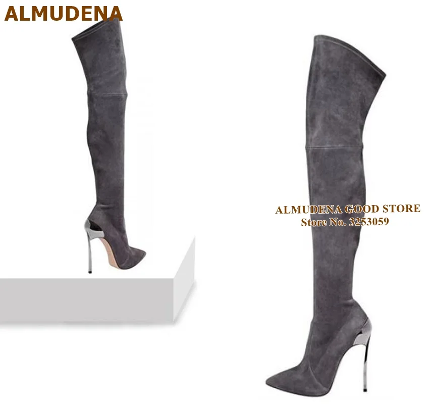 Роскошные Металлические высокие сапоги до бедра на тонком высоком каблуке с