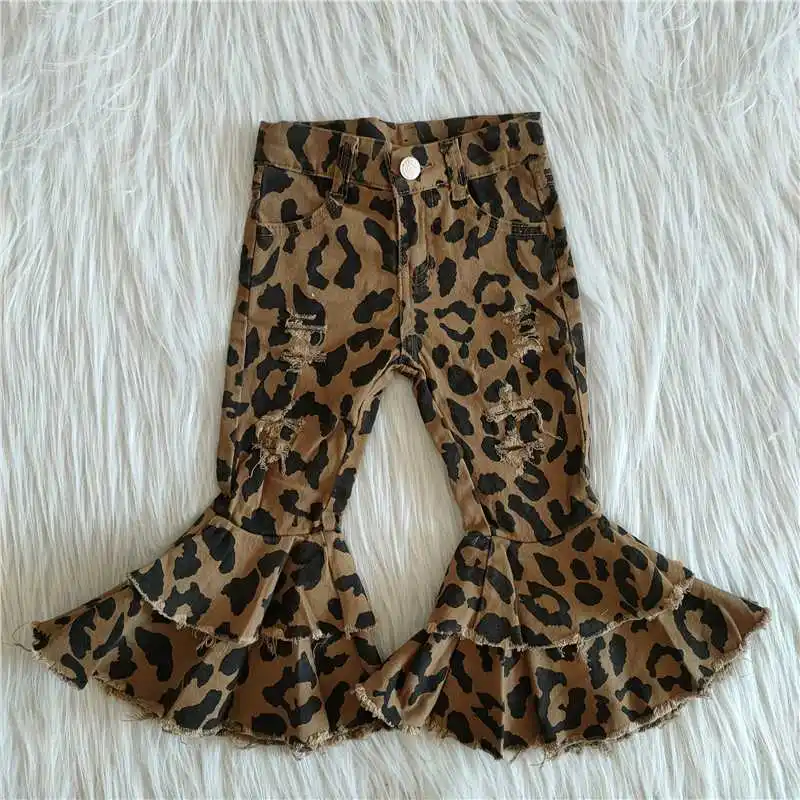 

Wholesale Double Ruffle Leopard Kids Denim Clothes Fashionable Baby Girls Bell Bottoms Pants Garments Children Boutique Jeans
