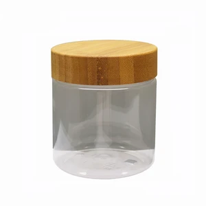 Eco friendly 250g 8 oz Clear Transparent PET Cosmetic Cream Jars with bamboo Lid Cap Plastic Honey candy Facial Mask Jars Bottle