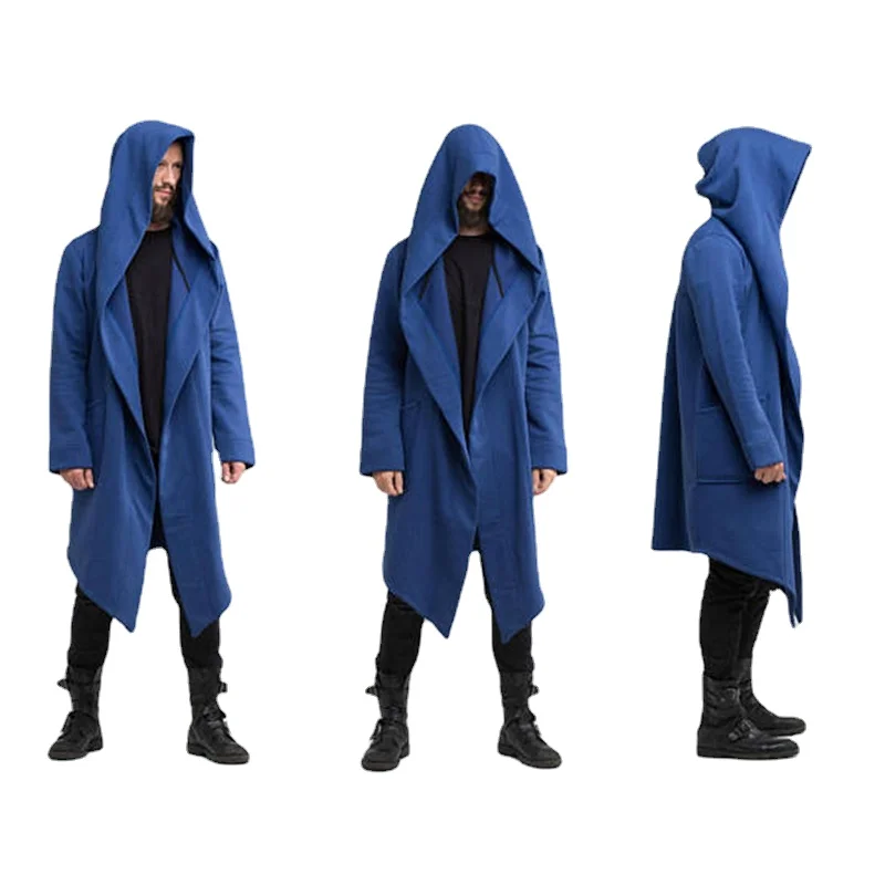 

HaleyChan Men's Knee Length Long Cardigan Open Front Draped Hooded Cardigan Sweaters with Pockets Lightweight Hooded Trench Coat