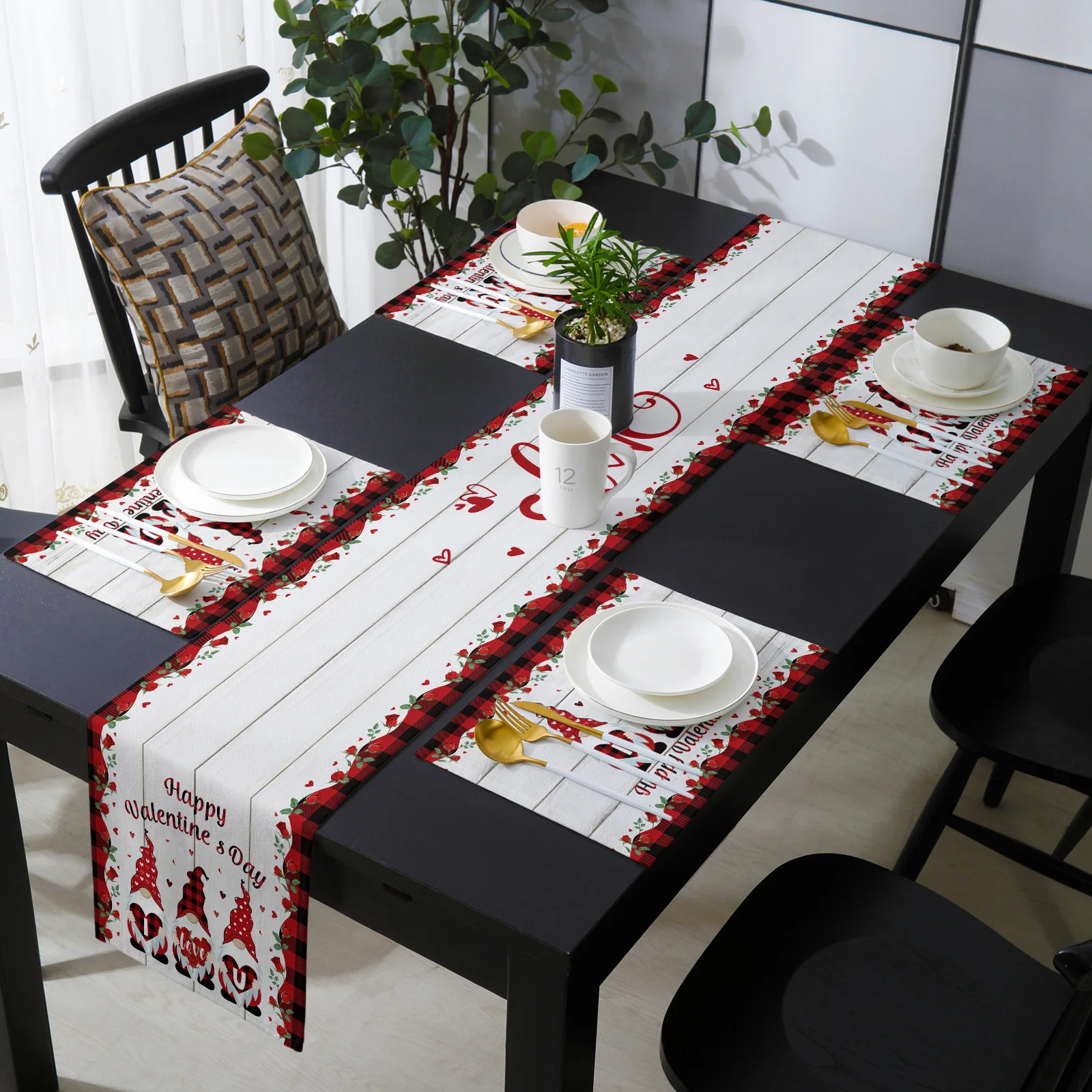Valentine'S Day Red Lattice Dwarf Rose Wood Grain Table Runner Set Dining Table Decor Table Cover Wedding Table Decor Tablecloth