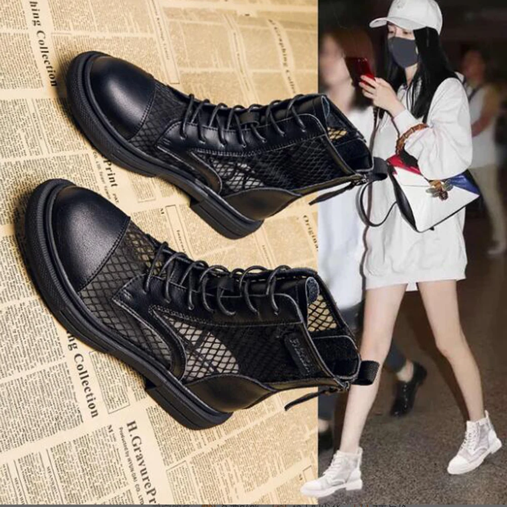 

Autumn Ankle Boots Women Genuine Leather Flat Short Boots Lace Up Round Toe Female Shoes Women's boots botas de mujer hy860