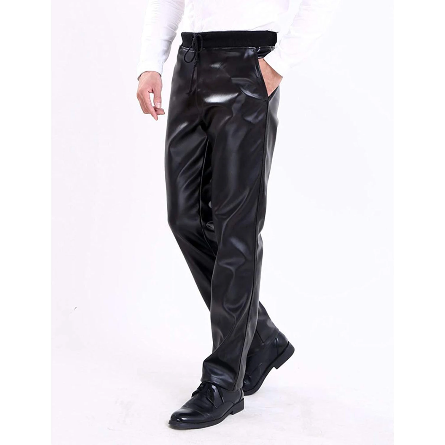 Idopy Для Мужчин's Бизнес Slim Fit эластичные удобные черные Искусственная кожа штаны