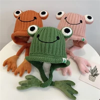 new winter frog hat childrens hats cute boys girls knitted hats double layer warm thick cute frog ear caps funny hat bomber hat