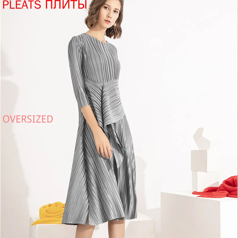 

Miyake/Плиссированное однотонное элегантное платье с круглым вырезом и рукавами средней длины, модное платье со складками Shein, Vestido De Mujer Robe Femme