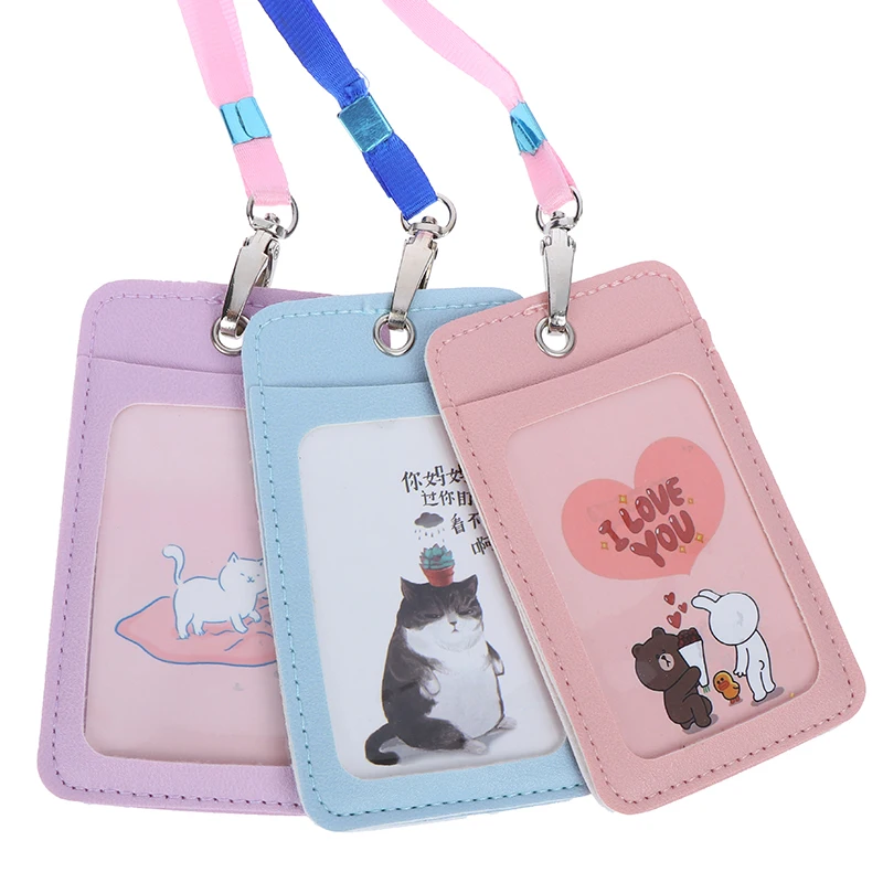 Pu Leather ID Credit Bank Card Holder Students Bus Case Lanyard Male Visit Door Identity Badge Cards Cover |