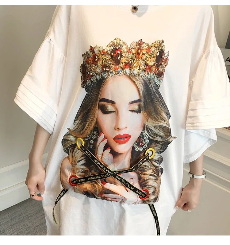 

2020 Women's Spring And Summer Cotton T-shirt Women's Fashion Lace Stitching Print Shirt New Sequins Casual Wild T-shirt