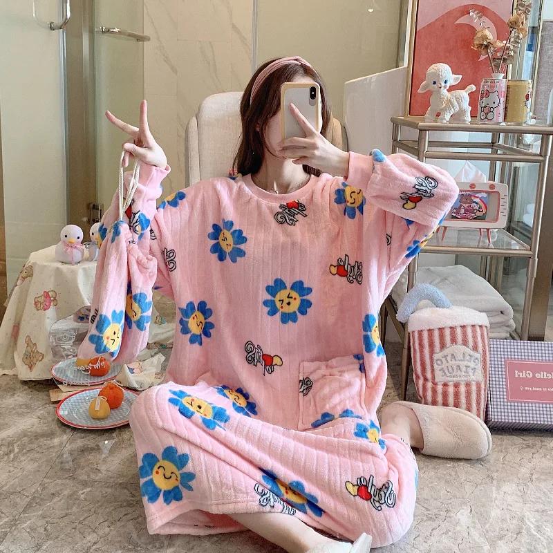 

SLPBELY Flower Nightdress Cartoon Print Winter Women's Dress Cute Leisure Long Sleeve Nightgown Sleepwear Daily Girls Homewear