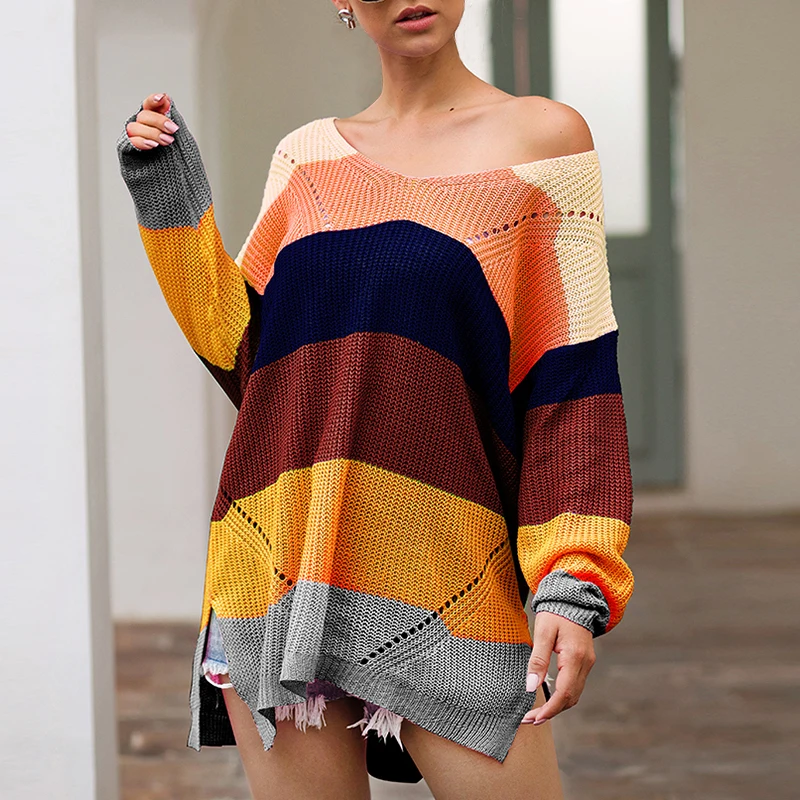 Женские радужные свитера больших размеров зима 2019 Разноцветные полосатые