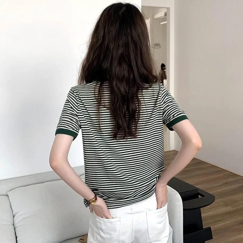 

Summer O Neck Pullover Short Sleeve Cotton T Shirt Women Korean Fashion Striped Pattern Loose Tees Causal New Lady Pullovers Top