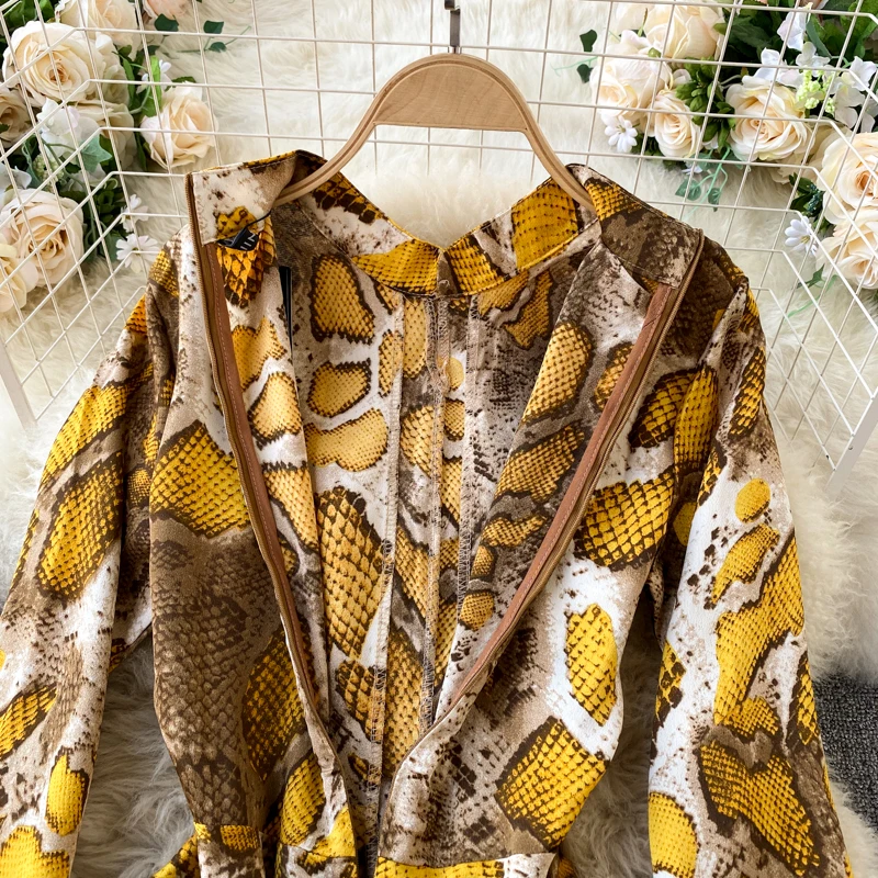 

Croysier Women Dresses Fashion Serpentine Print Elegant Vintage Dress Stand Collar Long Sleeve Single Breasted Midi Shirt Dress