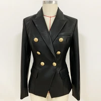 newest fall winter 2021 designer blazer jacket womens lion metal buttons double breasted synthetic leather blazer overcoat