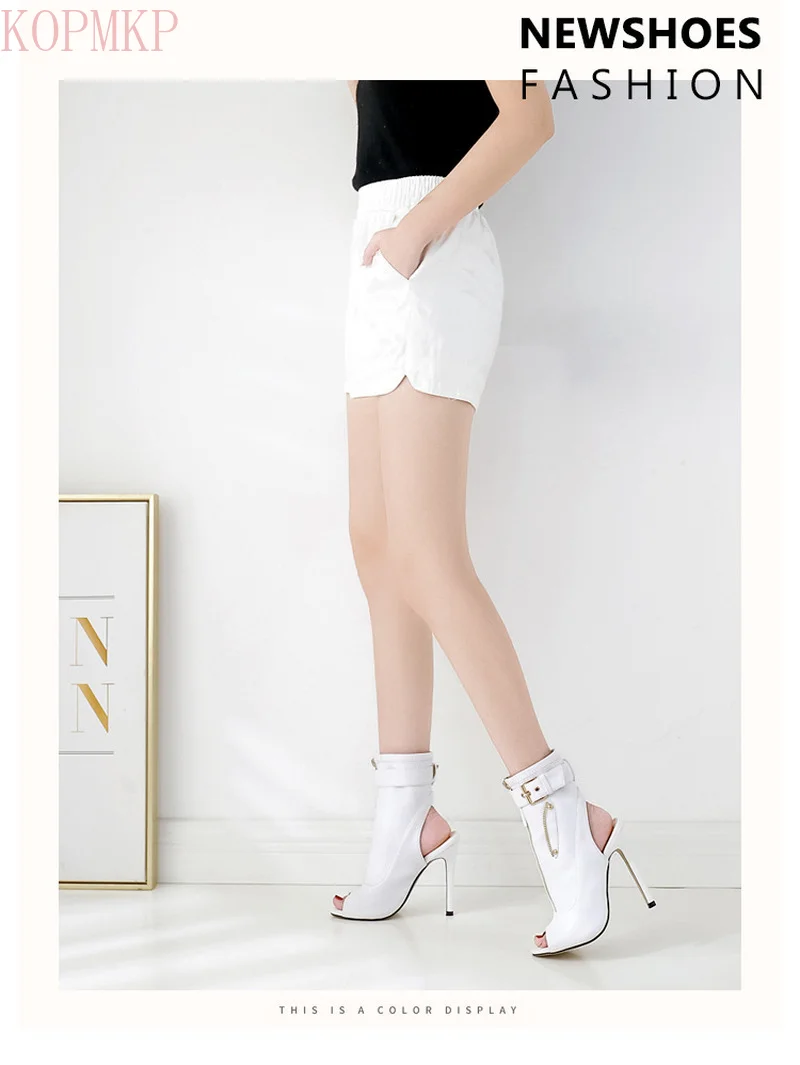 

New High Heels Large Size Women's Shoes Fish Mouth Back Empty Sexy PU Zip Cold Boots