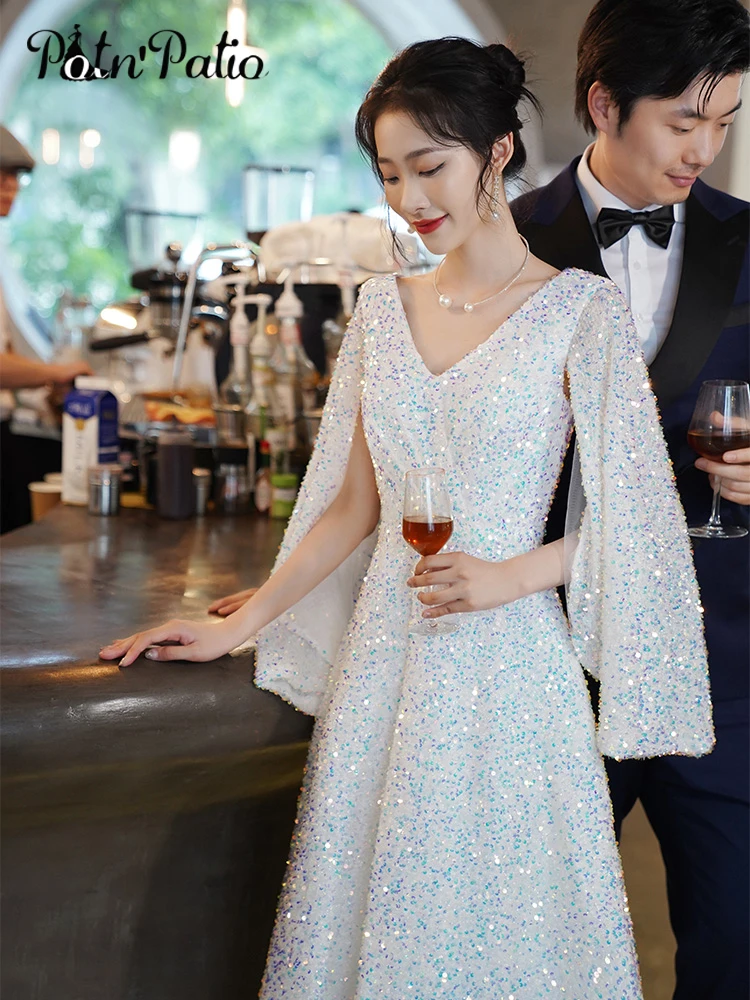 

White Women Cocktail Party Dresses 2021 Elegant V-neck Tea-length Sparkly Sequin Prom Gowns