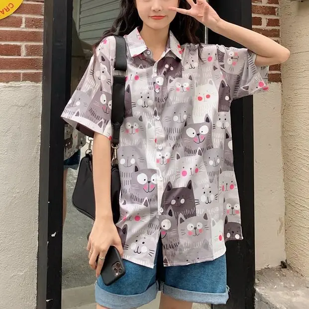 

Women'S Blouse 2021 Summer Single-Breasted Lapel Short Sleeve Shirt Loose Kawaii Cat Jacquard Harajuku Vintage Blusas Mujer Chic