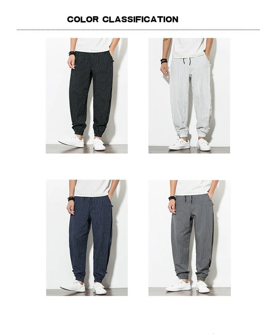 

Summer New Men Casual Loose Cotton Linen Striped Men Sweatpants Hip Hop Streetwear Breathable Trousers