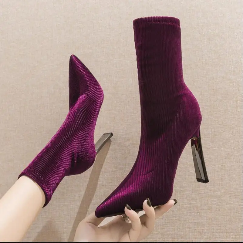 

High-heeled Boots Woman Booties Women Short Boots Female Pointed toes Slip on Slim Fall/Winter Shoes Purple Black