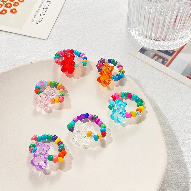

Bear Pearl Elastic Rope Rings Stackable Creative Transparent Candy Colorful Bead Jewelry for Women Girls Summer Jewelry
