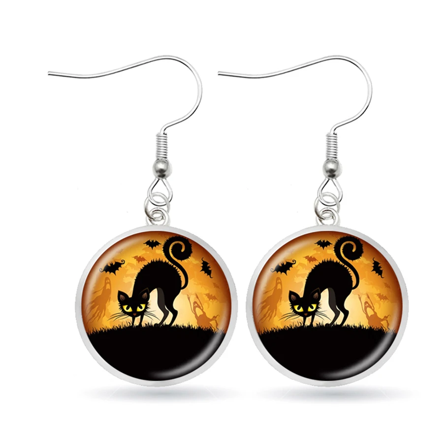 Полные серьги-висюльки с Луной черной кошечкой на дереве астрономические