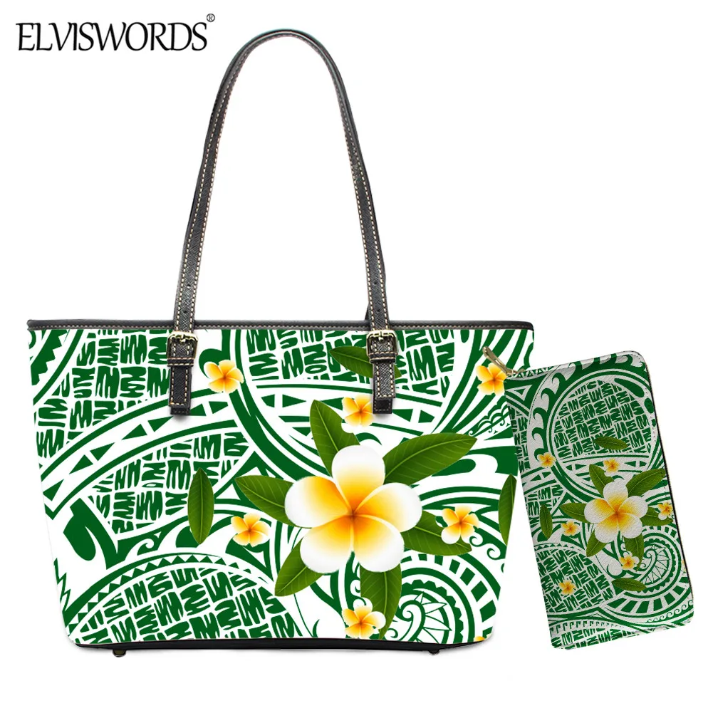 

ELVISWORDS Женская вместительная сумка винтажная полинезийская Плюмерия печать 2 шт./компл. ПУ сумка тоут и кошелек для девушек Уличная Повседне...
